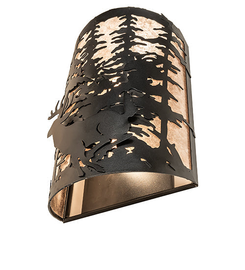 Meyda Lighting Tall Pines 12" 3-Light Textured Black Deer Wall Sconce With Silver Mica Shade Glass