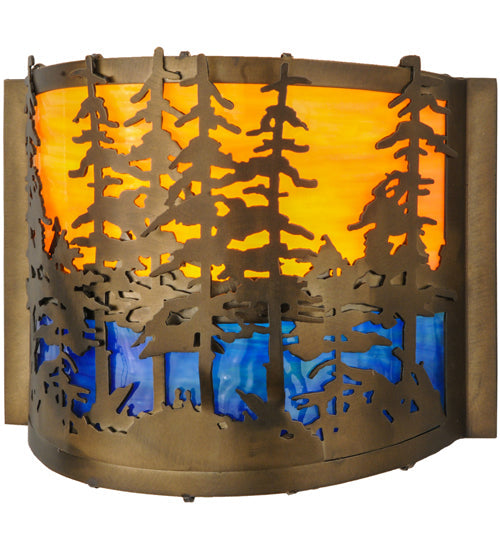 Meyda Lighting Tall Pines 12" Antique Copper Wall Sconce With Orange & Blue Green Art Shade Glass