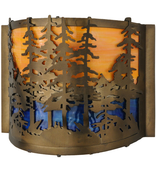 Meyda Lighting Tall Pines 12" Antique Copper Wall Sconce With Orange & Blue Green Art Shade Glass
