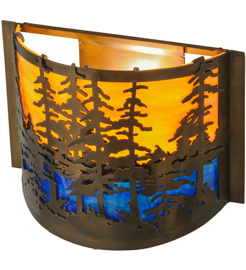Meyda Lighting Tall Pines 12" Antique Copper Wall Sconce With Orange & Blue Green Art Shade Glass