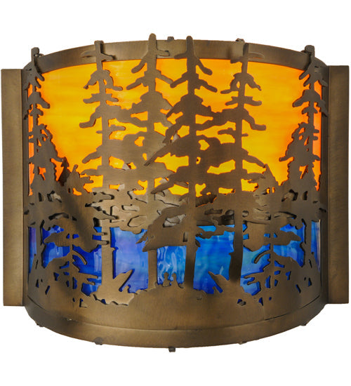 Meyda Lighting Tall Pines 12" Antique Copper Wall Sconce With Orange & Blue Green Art Shade Glass