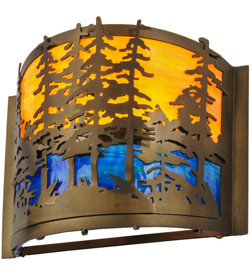Meyda Lighting Tall Pines 12" Antique Copper Wall Sconce With Orange & Blue Green Art Shade Glass