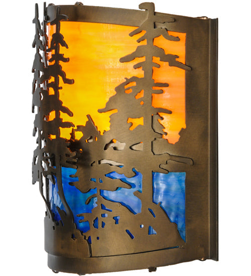 Meyda Lighting Tall Pines 12" Antique Copper Wall Sconce With Orange & Blue Green Art Shade Glass
