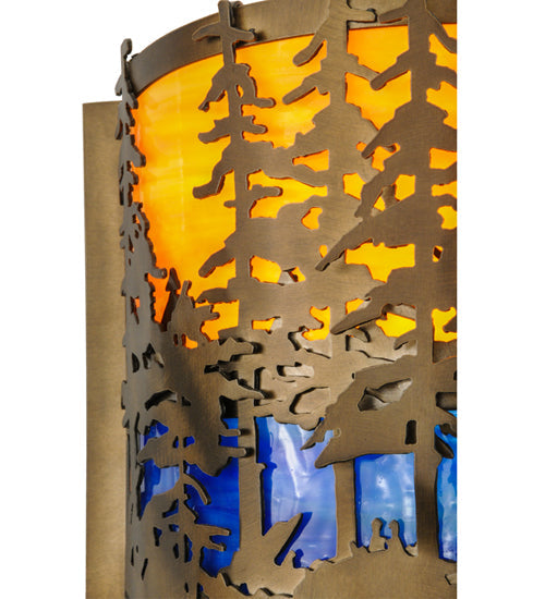 Meyda Lighting Tall Pines 12" Antique Copper Wall Sconce With Orange & Blue Green Art Shade Glass