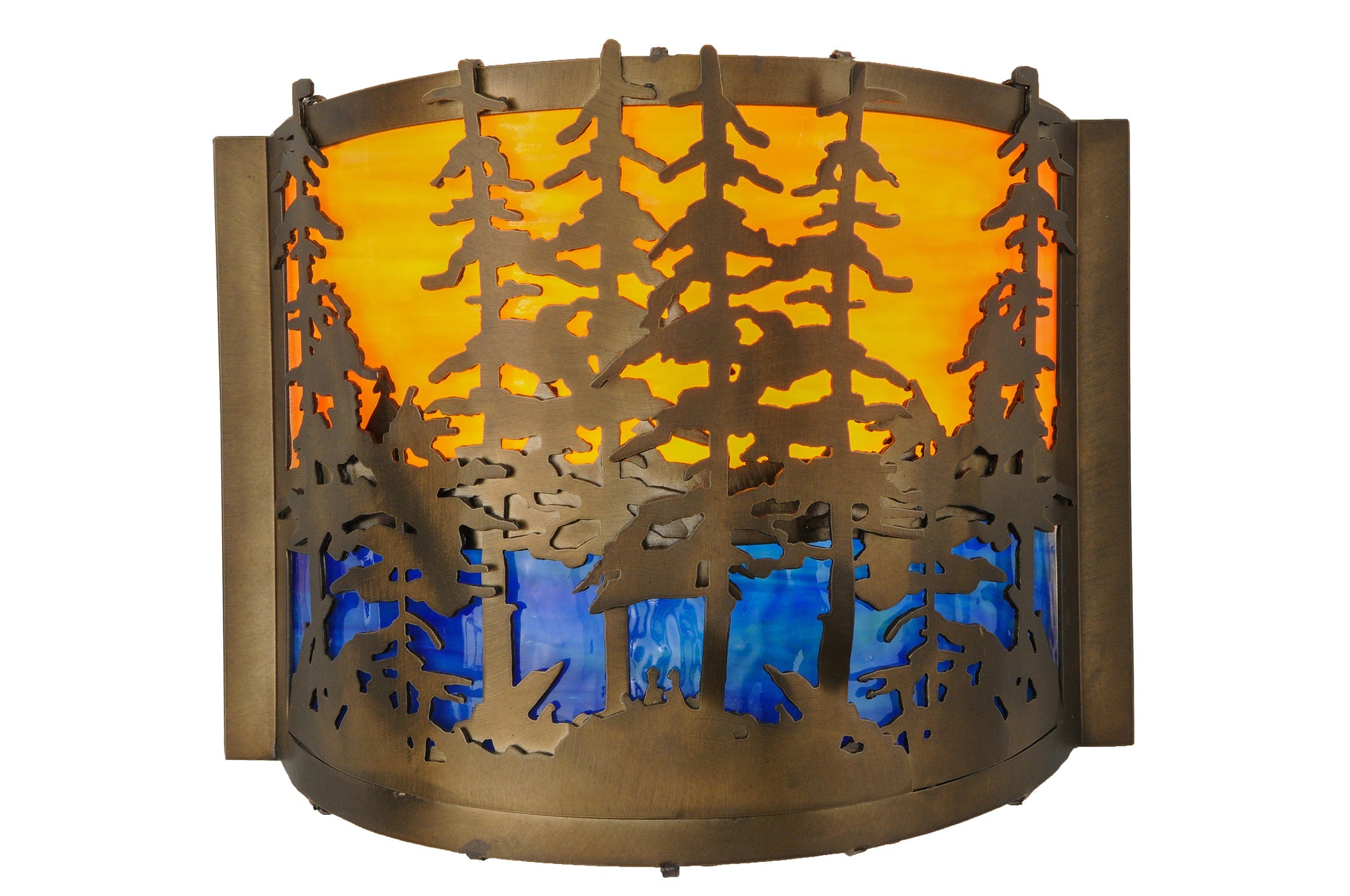 Meyda Lighting Tall Pines 12" Antique Copper Wall Sconce With Orange & Blue Green Art Shade Glass