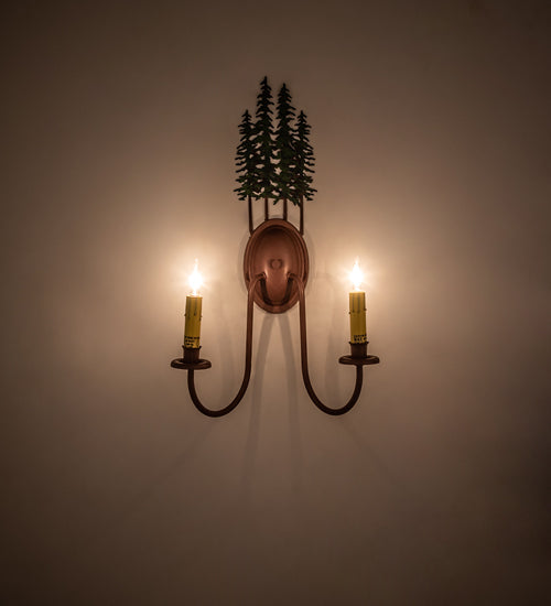 Meyda Lighting Tall Pines 13" 2-Light Rust & Green Trees Wall Sconce With Amber Faux Candlelight