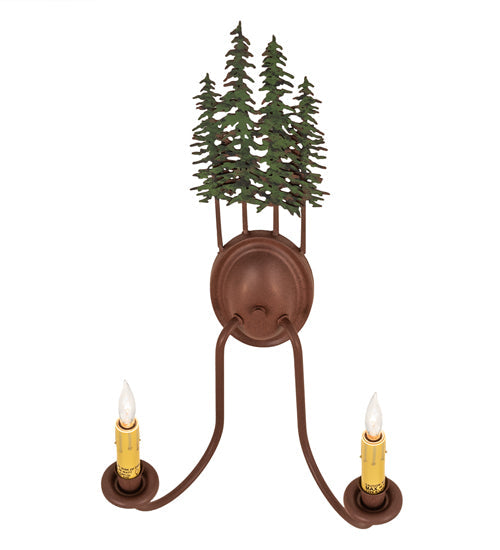 Meyda Lighting Tall Pines 13" 2-Light Rust & Green Trees Wall Sconce With Amber Faux Candlelight