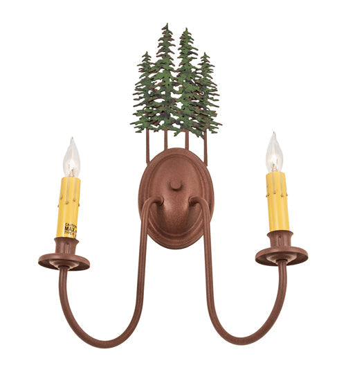 Meyda Lighting Tall Pines 13" 2-Light Rust & Green Trees Wall Sconce With Amber Faux Candlelight