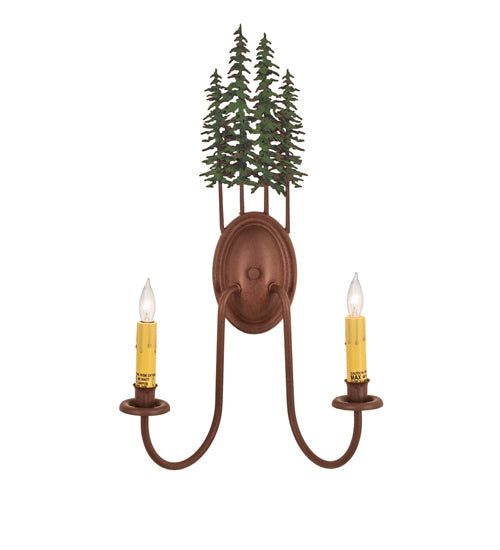 Meyda Lighting Tall Pines 13" 2-Light Rust & Green Trees Wall Sconce With Amber Faux Candlelight