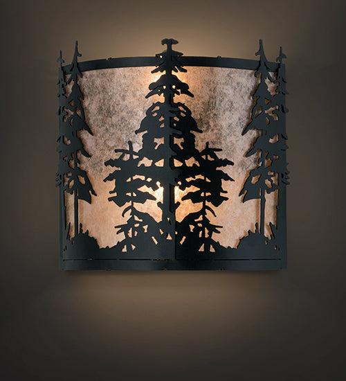 Meyda Lighting Tall Pines 13" 2-Light Textured Black Wall Sconce With Silver Mica Shade Glass