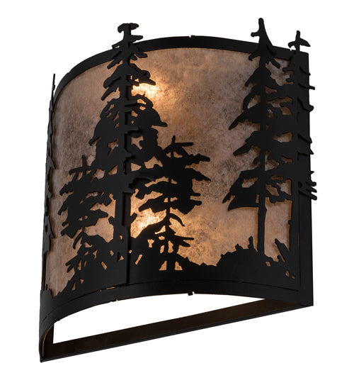 Meyda Lighting Tall Pines 13" 2-Light Textured Black Wall Sconce With Silver Mica Shade Glass