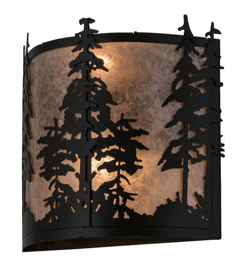 Meyda Lighting Tall Pines 13" 2-Light Textured Black Wall Sconce With Silver Mica Shade Glass
