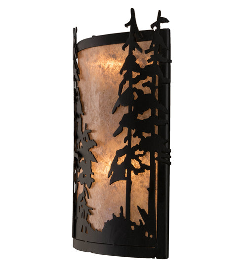 Meyda Lighting Tall Pines 13" 2-Light Textured Black Wall Sconce With Silver Mica Shade Glass