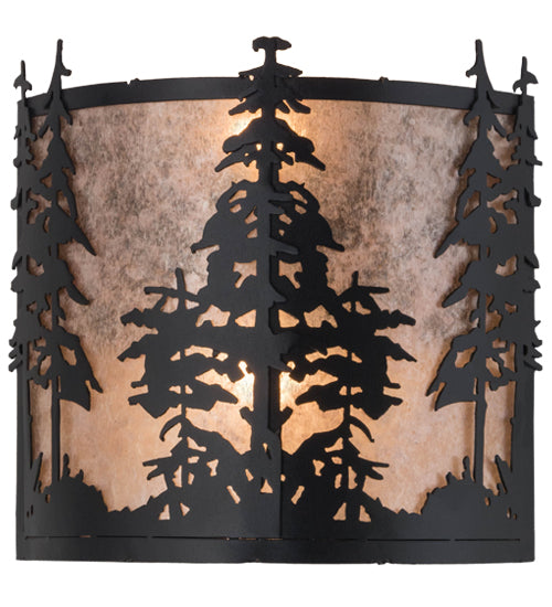 Meyda Lighting Tall Pines 13" 2-Light Textured Black Wall Sconce With Silver Mica Shade Glass
