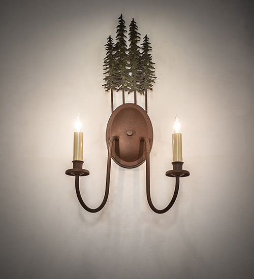 Meyda Lighting Tall Pines 13" 2-Light Wrought Iron On Rust & Tarnished Copper Wall Sconce With Ivory Faux Candlelight