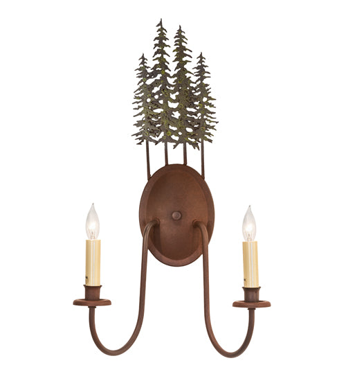 Meyda Lighting Tall Pines 13" 2-Light Wrought Iron On Rust & Tarnished Copper Wall Sconce With Ivory Faux Candlelight