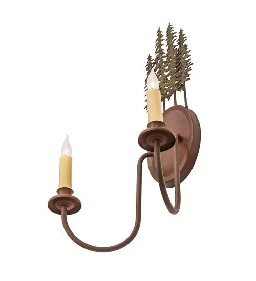 Meyda Lighting Tall Pines 13" 2-Light Wrought Iron On Rust & Tarnished Copper Wall Sconce With Ivory Faux Candlelight