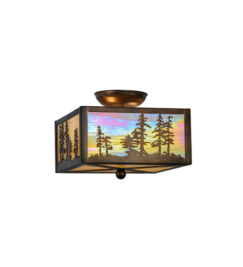 Meyda Lighting Tall Pines 14" 2-Light Antique Copper Flush Mount Light With Beige Iridescent Shade Glass