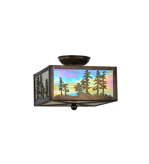 Meyda Lighting Tall Pines 14" 2-Light Antique Copper Flush Mount Light With Beige Iridescent Shade Glass