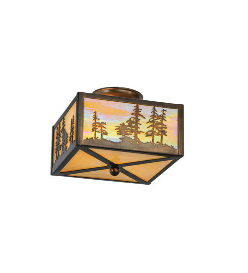 Meyda Lighting Tall Pines 14" 2-Light Antique Copper Flush Mount Light With Beige Iridescent Shade Glass