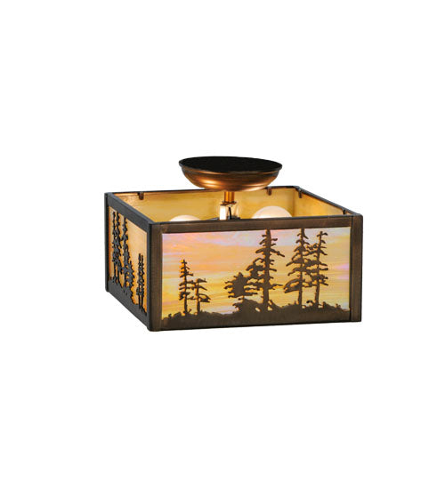 Meyda Lighting Tall Pines 14" 2-Light Antique Copper Flush Mount Light With Beige Iridescent Shade Glass