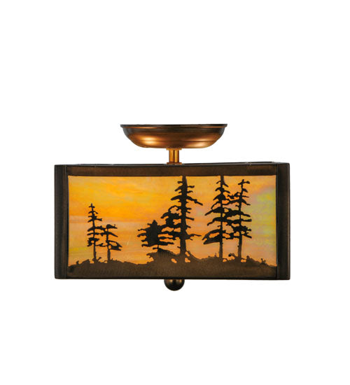 Meyda Lighting Tall Pines 14" 2-Light Antique Copper Flush Mount Light With Beige Iridescent Shade Glass