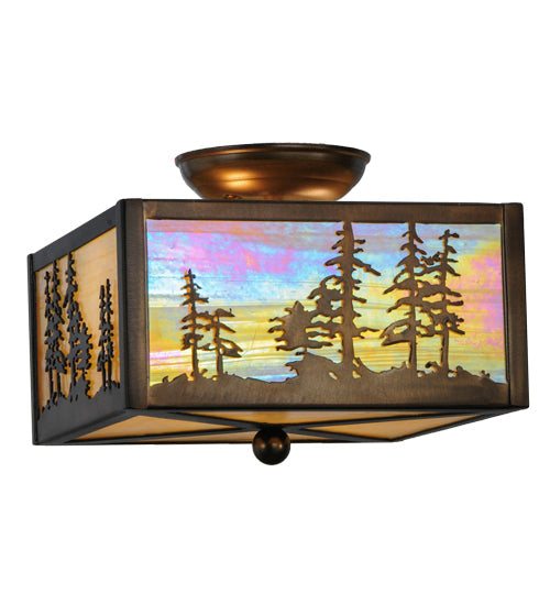 Meyda Lighting Tall Pines 14" 2-Light Antique Copper Flush Mount Light With Beige Iridescent Shade Glass