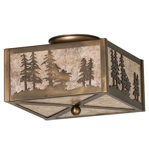 Meyda Lighting Tall Pines 14" 2-Light Antique Copper Flush Mount Light With Silver Mica Shade Glass