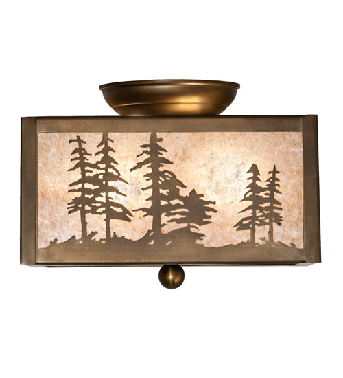 Meyda Lighting Tall Pines 14" 2-Light Antique Copper Flush Mount Light With Silver Mica Shade Glass