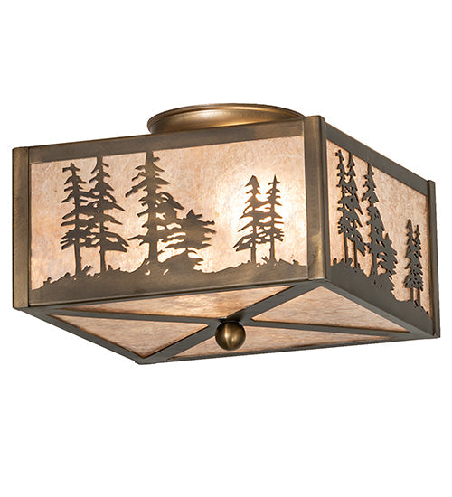 Meyda Lighting Tall Pines 14" 2-Light Antique Copper Flush Mount Light With Silver Mica Shade Glass