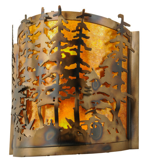 Meyda Lighting Tall Pines 14" 2-Light Burnished Antique Copper Wall Sconce With Amber Mica Shade Glass