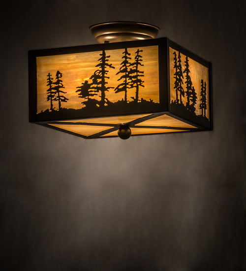Meyda Lighting Tall Pines 14" 2-Light Timeless Bronze Flush Mount Light With Beige Iridescent Shade Glass
