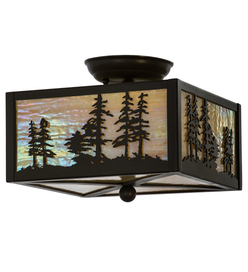 Meyda Lighting Tall Pines 14" 2-Light Timeless Bronze Flush Mount Light With Beige Iridescent Shade Glass