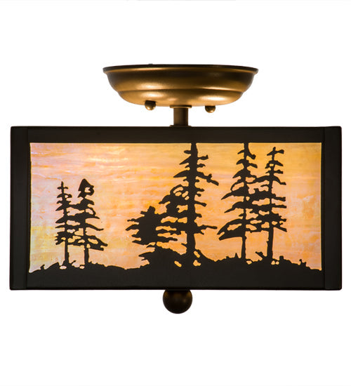 Meyda Lighting Tall Pines 14" 2-Light Timeless Bronze Flush Mount Light With Beige Iridescent Shade Glass