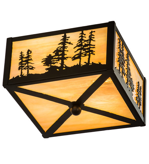 Meyda Lighting Tall Pines 14" 2-Light Timeless Bronze Flush Mount Light With Beige Iridescent Shade Glass