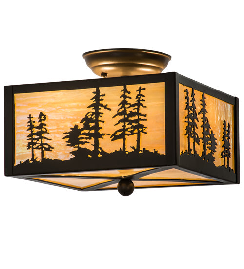 Meyda Lighting Tall Pines 14" 2-Light Timeless Bronze Flush Mount Light With Beige Iridescent Shade Glass