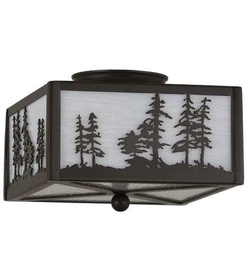 Meyda Lighting Tall Pines 14" 2-Light Timeless Bronze Flush Mount Light With White Art Shade Glass