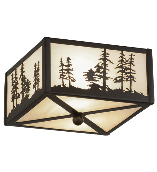 Meyda Lighting Tall Pines 14" 2-Light Timeless Bronze Flush Mount Light With White Art Shade Glass