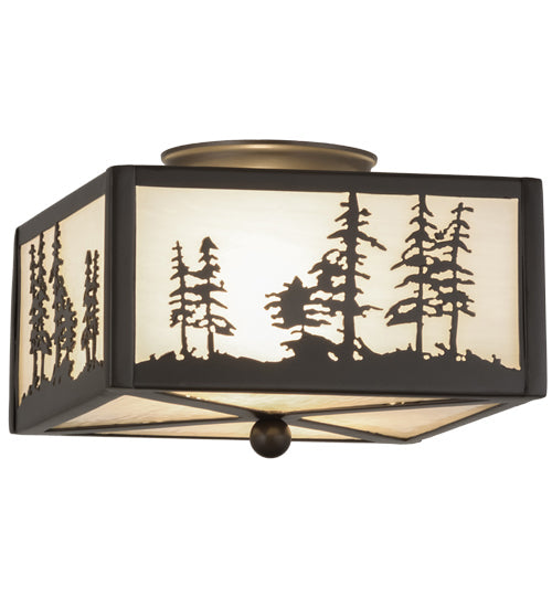 Meyda Lighting Tall Pines 14" 2-Light Timeless Bronze Flush Mount Light With White Art Shade Glass