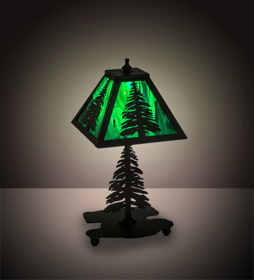 Meyda Lighting Tall Pines 14" Textured Black Accent Table Lamp With Green Shade Glass