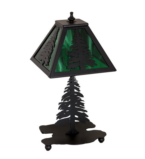 Meyda Lighting Tall Pines 14" Textured Black Accent Table Lamp With Green Shade Glass