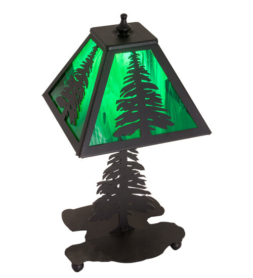 Meyda Lighting Tall Pines 14" Textured Black Accent Table Lamp With Green Shade Glass