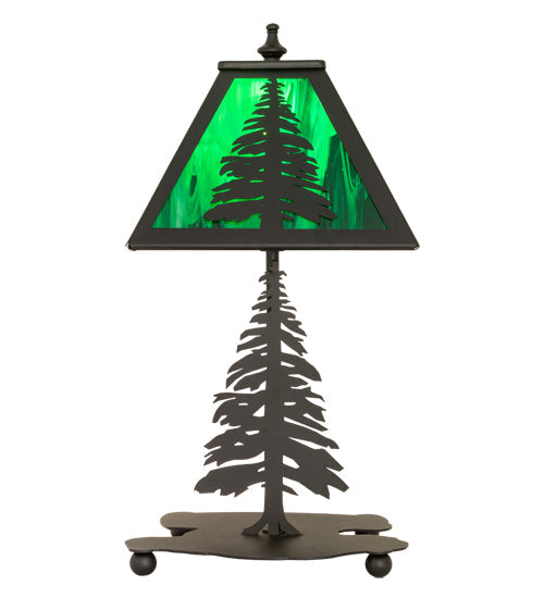 Meyda Lighting Tall Pines 14" Textured Black Accent Table Lamp With Green Shade Glass