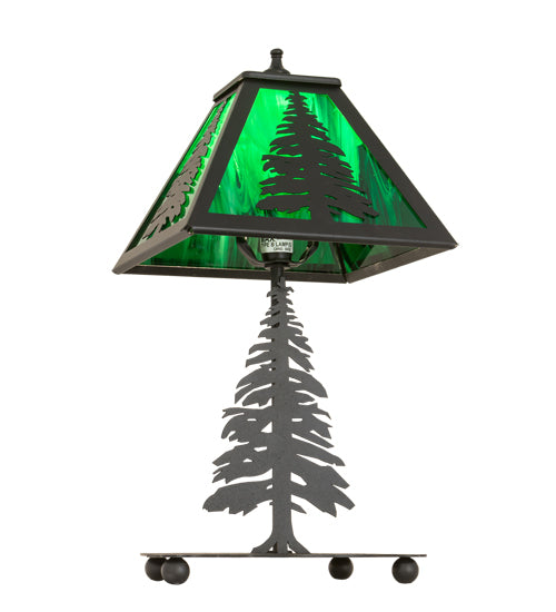 Meyda Lighting Tall Pines 14" Textured Black Accent Table Lamp With Green Shade Glass