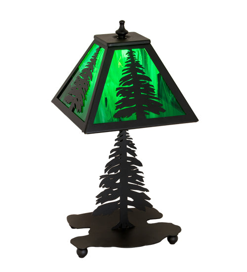 Meyda Lighting Tall Pines 14" Textured Black Accent Table Lamp With Green Shade Glass