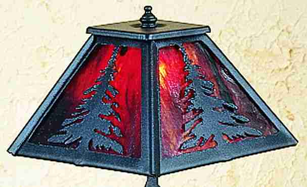 Meyda Lighting Tall Pines 14" Textured Black Accent Table Lamp With Red Shade Glass