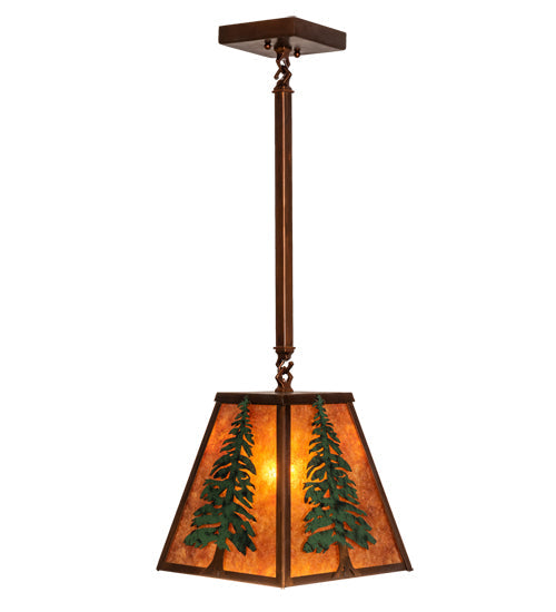 Meyda Lighting Tall Pines 14" Vintage Copper & Green Pendant Light With Amber Mica Shade Glass