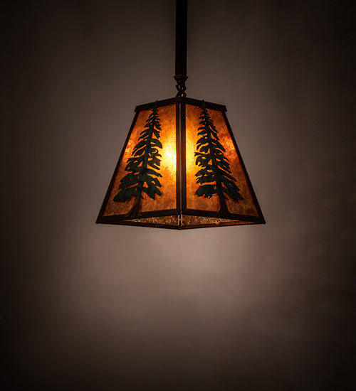 Meyda Lighting Tall Pines 14" Vintage Copper & Green Pendant Light With Amber Mica Shade Glass