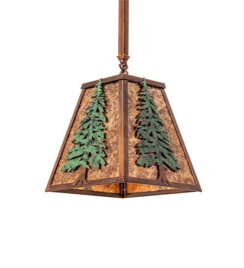 Meyda Lighting Tall Pines 14" Vintage Copper & Green Pendant Light With Amber Mica Shade Glass