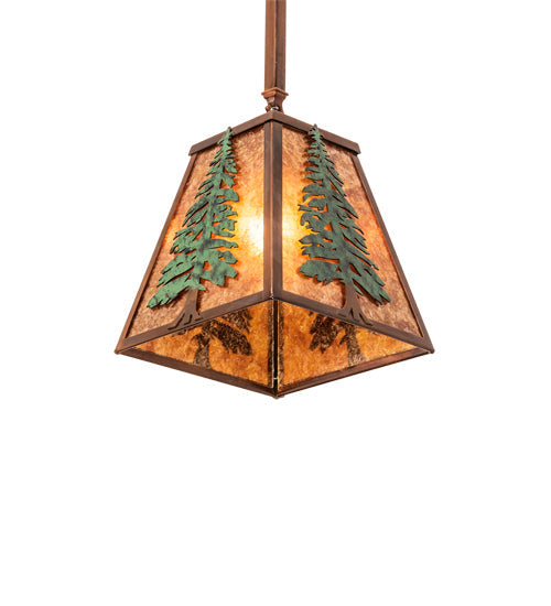 Meyda Lighting Tall Pines 14" Vintage Copper & Green Pendant Light With Amber Mica Shade Glass